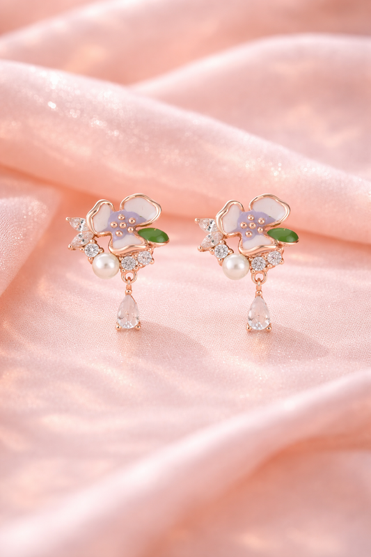 Floral Pearl Drop Earrings - 925 Silver