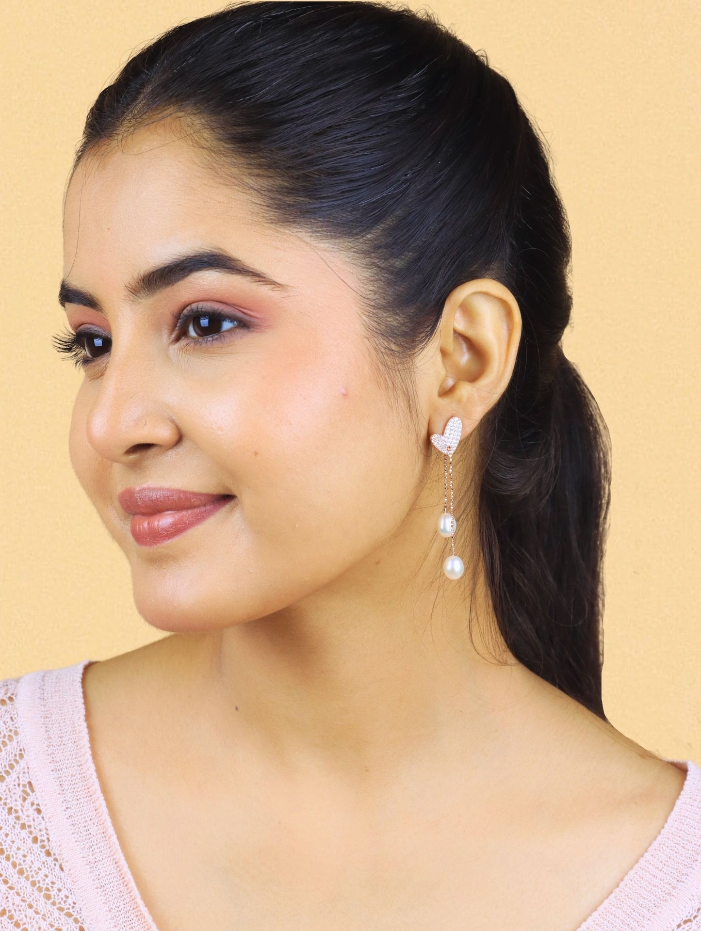Heart Pearl Dangler Earrings - 925 Silver