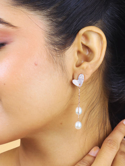 Heart Pearl Dangler Earrings - 925 Silver