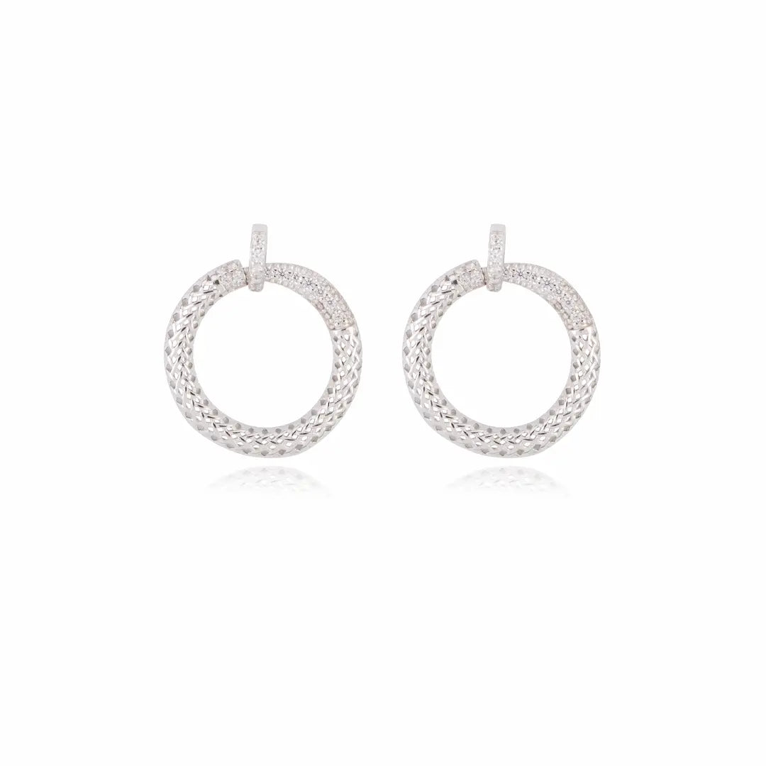 Textured Orbit 925 Silver Rhodium Hoop Studs