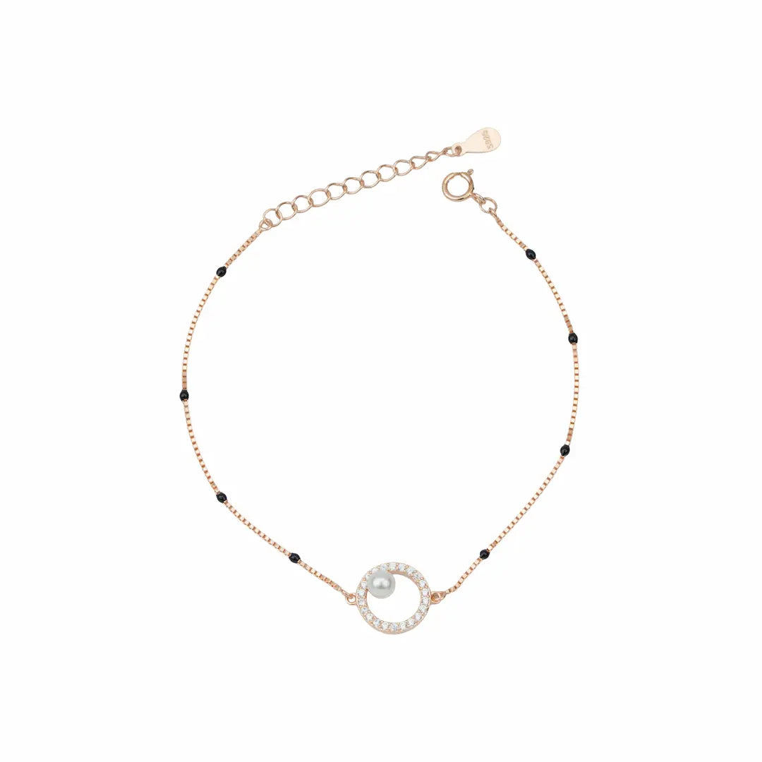 925 Sterling Silver Rose Gold Pearl Halo Adjustable Mangalsutra Bracelet
