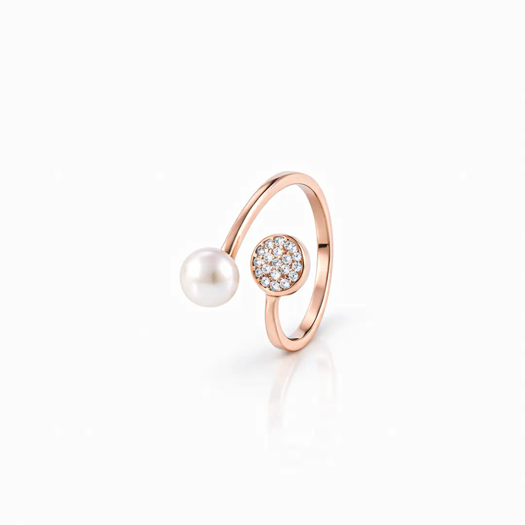 Modern 925 Silver Rose Gold Pearl & Pavé Adjustable Ring