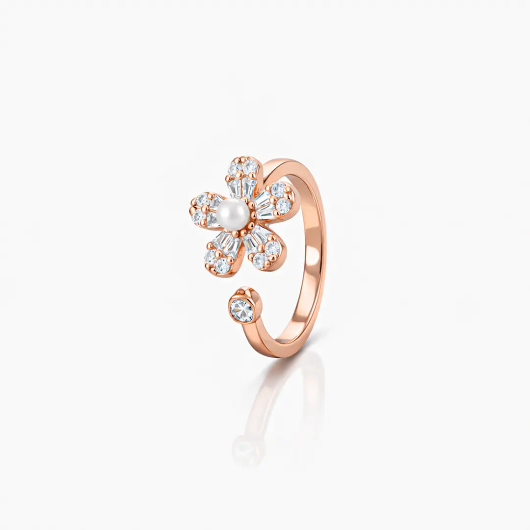 Luminous 925 Silver Rose Gold Petal & Pearl Adjustable Ring