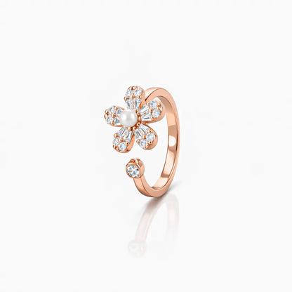 Luminous 925 Silver Rose Gold Petal & Pearl Adjustable Ring