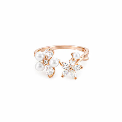 Graceful 925 Silver Rose Gold Floral Pearl Adjustable Ring