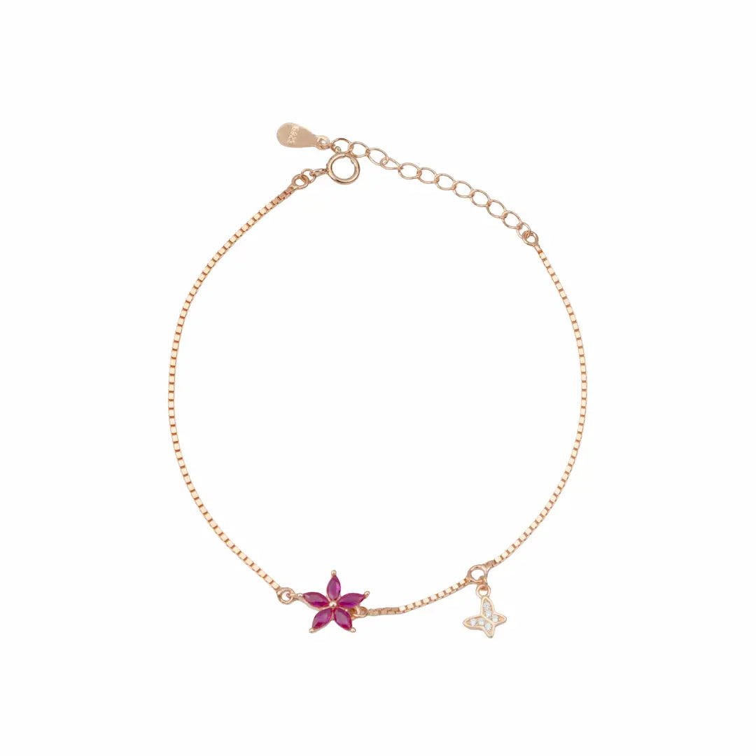 925 Sterling Silver Rose Gold Ruby Floral Butterfly Bracelet (Adjustable)