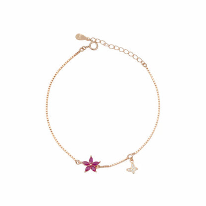 925 Sterling Silver Rose Gold Ruby Floral Butterfly Bracelet (Adjustable)