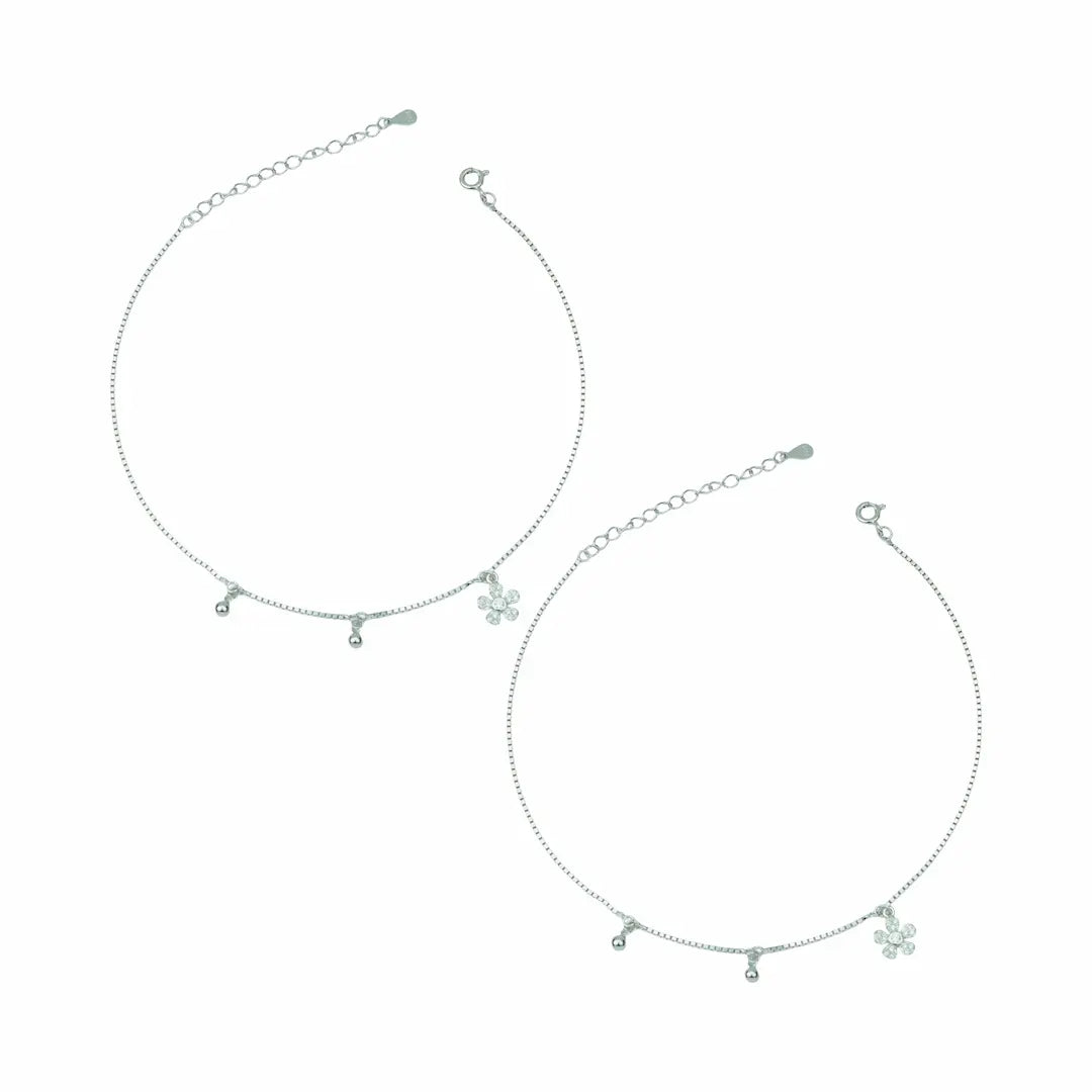 Radiant Bloom 925 Silver Multi-Charm Adjustable Anklet Set