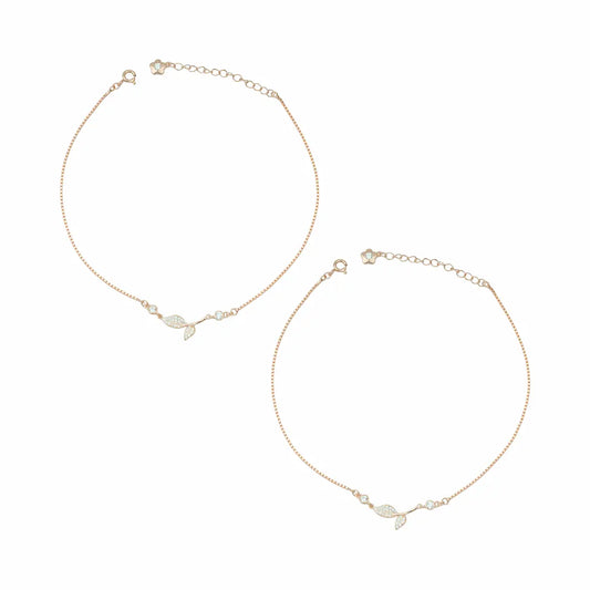 925 Sterling Silver Rose Gold Adjustable Leaf & Bud Anklet Set
