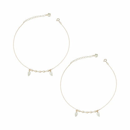 925 Sterling Silver Rose Gold Adjustable Teardrop Charm Anklet Set