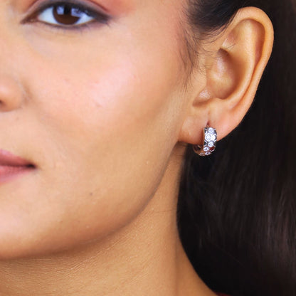 Honeycomb Sparkle Silver Huggie Hoops Earrings - 925 Silver