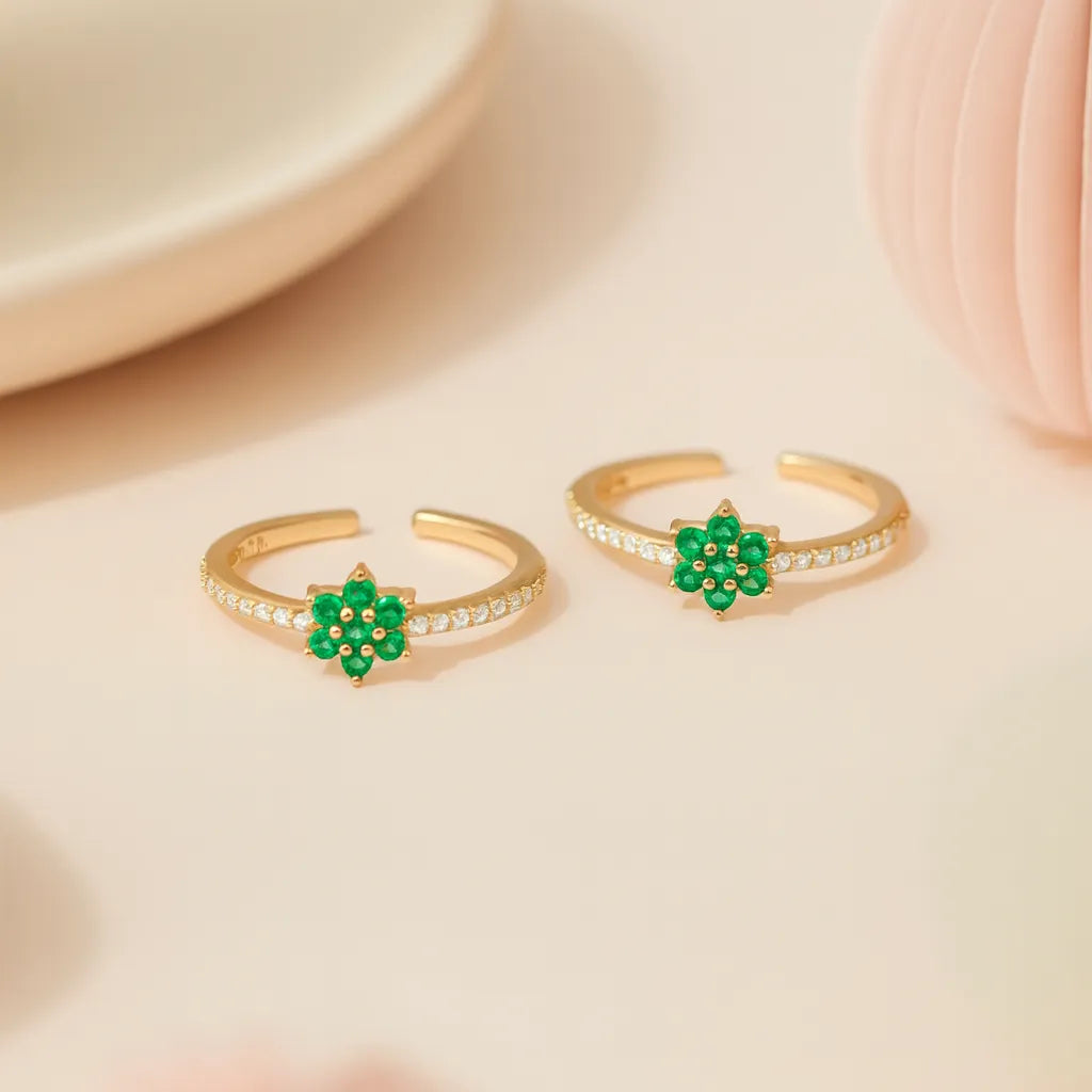 Emerald Bloom 925 Silver Adjustable Rose Gold Toe Ring- 925 Silver