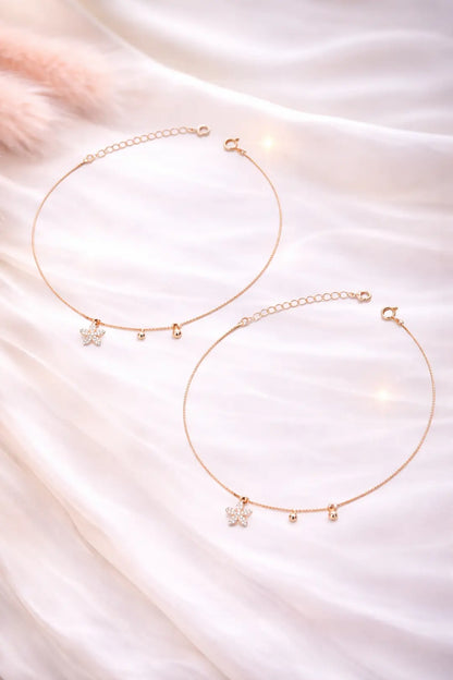925 Sterling Silver Rose Gold Adjustable Flower Charm Anklet Pair