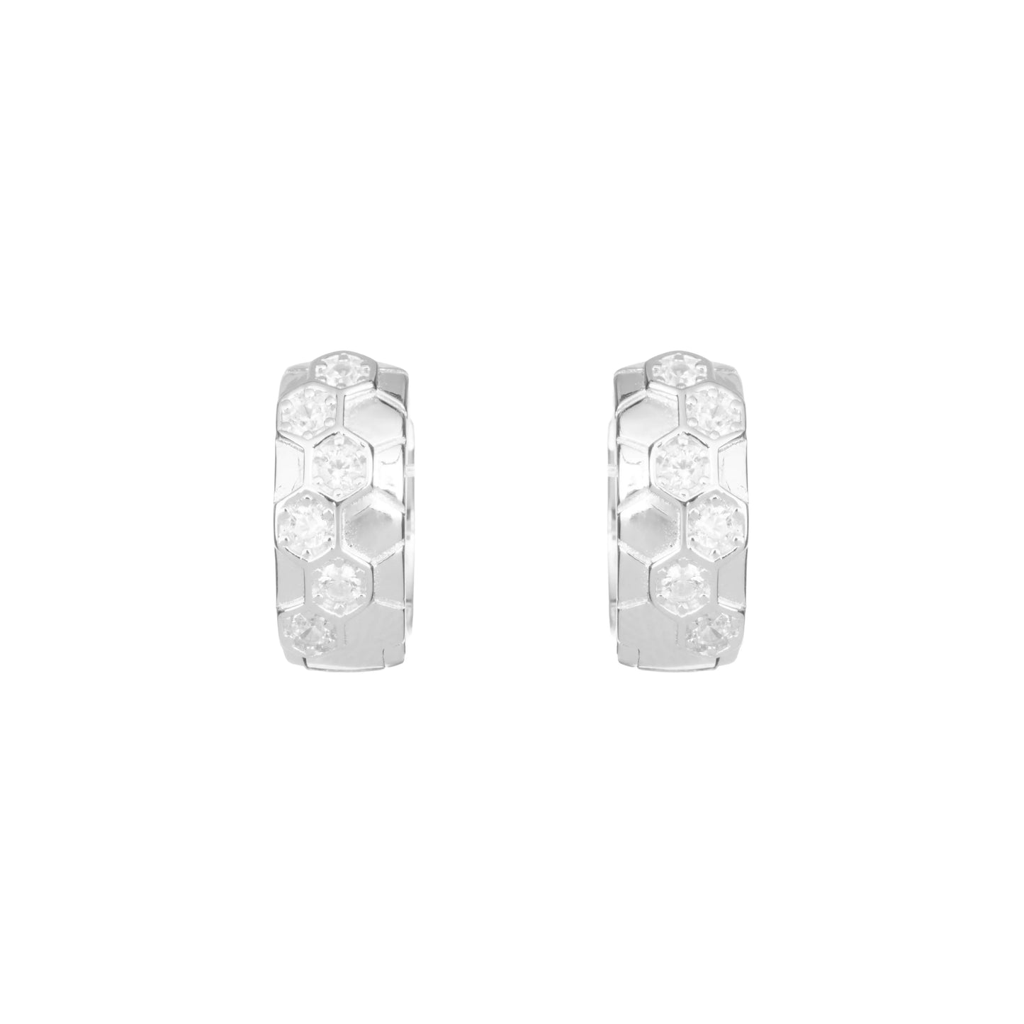 Honeycomb Sparkle Silver Huggie Hoops Earrings - 925 Silver