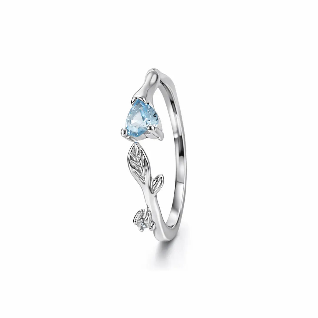 Graceful 925 Silver Blue Topaz Leaf Adjustable Ring
