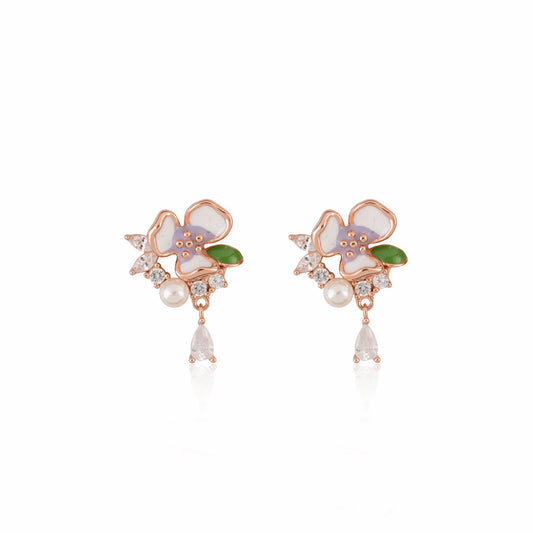 Floral Pearl Drop  Earrings - 925 Silver