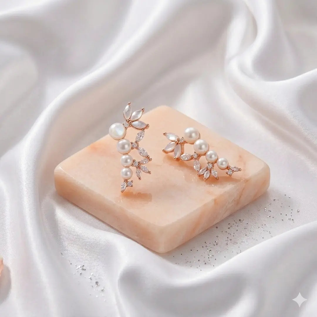 Fresh water Pearl with Cubic Zerconia Earrings - 925 Silver