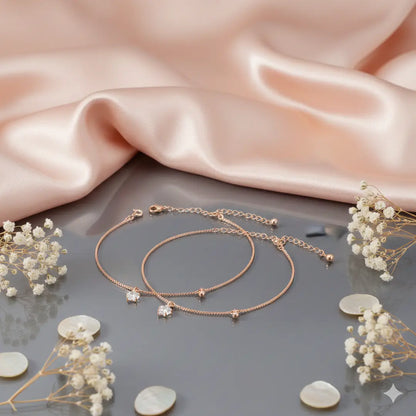 925 Sterling Silver Rose Gold Adjustable Dual Anklet Set