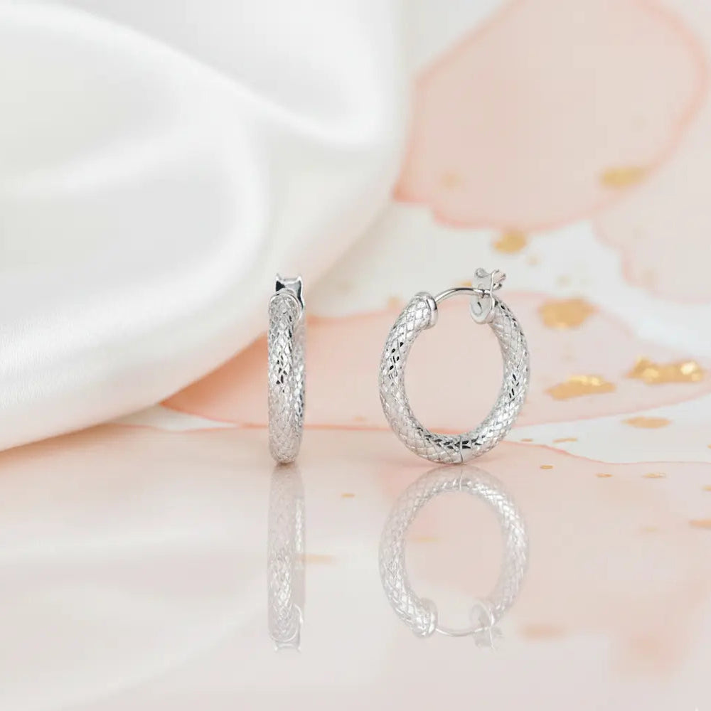 Textured Orbit 925 Silver Rhodium Hoop Studs