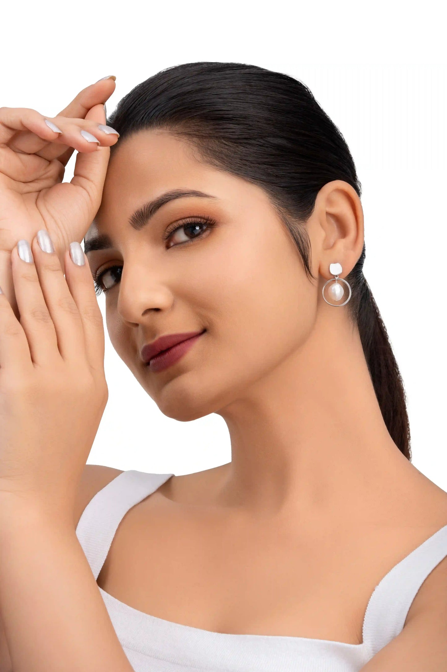 White Enamel Natural Pearl Earrings - 925 Silver